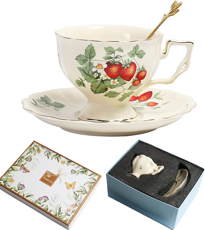 Porcelain Tea Cup and Saucer Set, 8.5 oz/250 ml Ceramic Coffee Mug with Saucer and Spoon, Vintage Coffee Cup with Gold Trim and Gift Box for Mom Women Mother's Day, Strawberry Pattern
