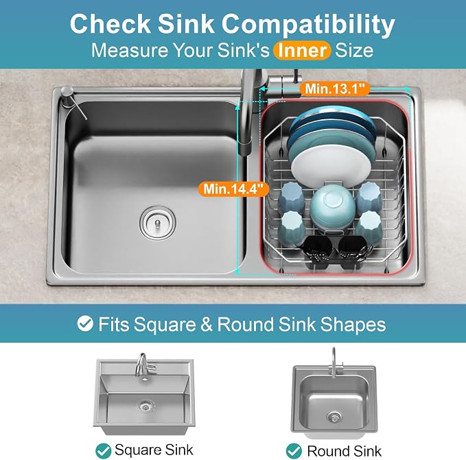 GSlife Small in Sink Dish Drying Rack - Stainless Steel Compact Dish Drainer for RV Kitchen Apartment Sink, Rust Resistant Inside Sink Rack, 1–2 Person Households, 13.1" W x 14.4" L, Gunmetal Grey
