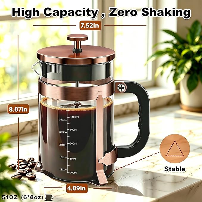 QUQIYSO French Press Coffee Maker, Large French Press with Thick Borosilicate Glass, 304 Stainless Steel Filter, Teapot & Coffee Maker for Home, Office, Party, 51oz, Copper