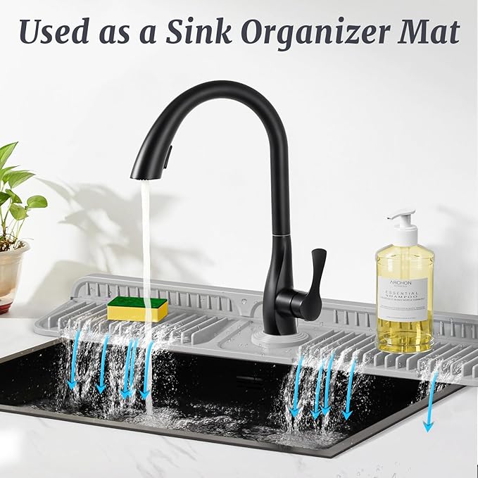 PoYang 24 inch Faucet Mat for Kitchen Sink Splash Guard, 7° Slope Silicone Sink Water Splash Guard for Kitchen Sink Area with Snap, Longer Sink Protectors for kitchen Sink Sponge Holder, Light Grey
