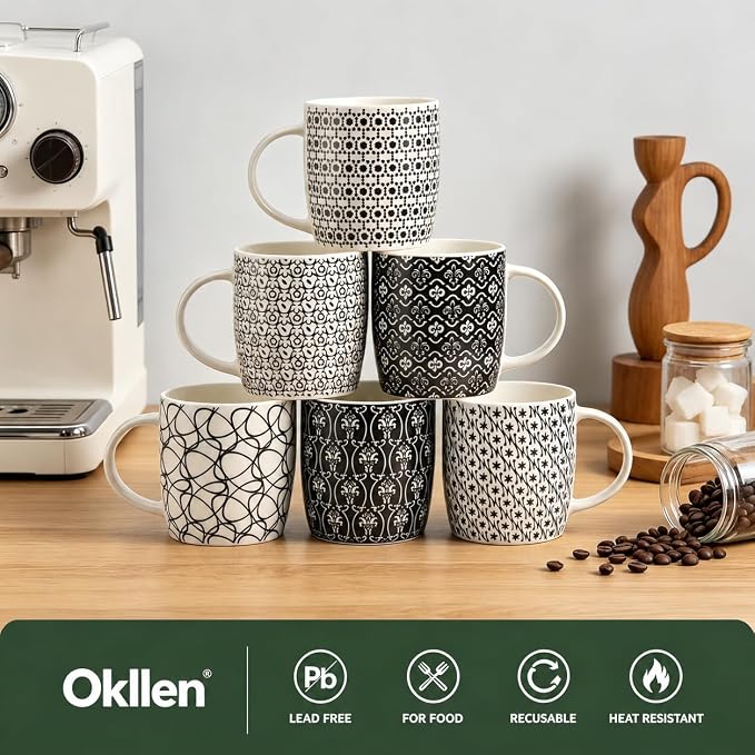 Okllen 6 Pack 11.5 Oz Coffee Mugs Geometric Textured, Ceramic Coffee Mugs Stylish Tea Cup Mugs Set Gift for Latte, Cappuccino, Milk, Water, Cocoa, Cereal, Black and White