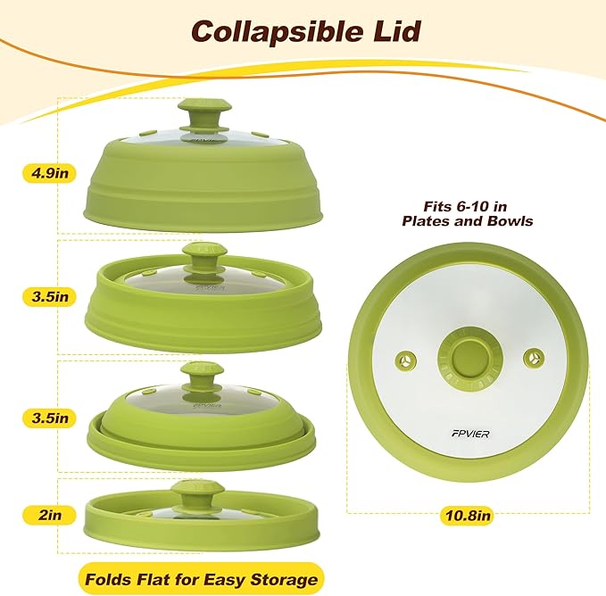 Microwave Splatter cover, Glass Microwave Cover for Food, 10.8 inch Guard Lid with Collapsible Silicone for 6-10 inch Plates & Bowls, Dishwasher Safe, 450°F Heat Resistant, BPA-Free, Green