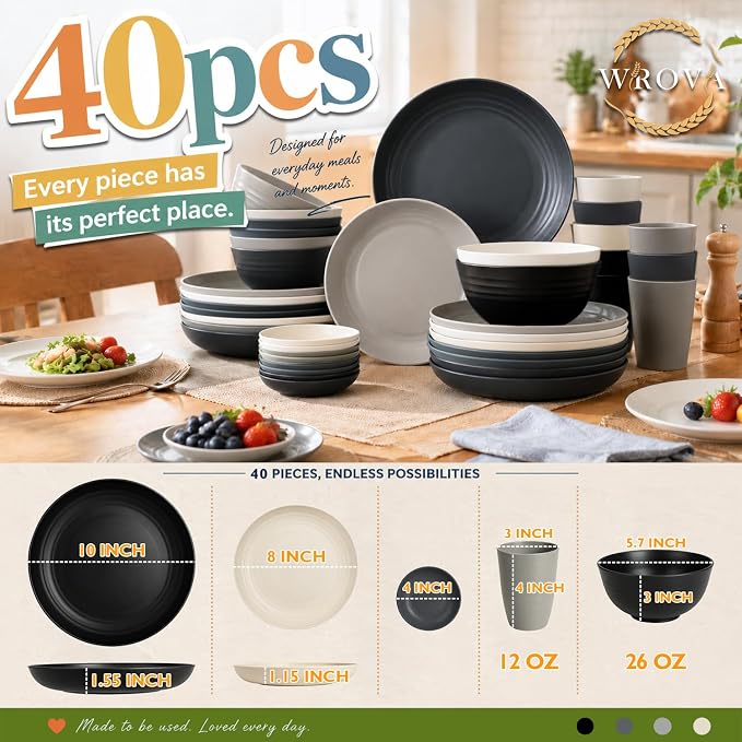 Wrova 40-Piece Kitchen Plates and Bowls Sets- Wheat Straw Dinnerware Sets for 8- Unbreakable Plates Bowls and Cups Set, Side Dishes- Microwave & Dishwasher Safe Dishware Sets - Black & Gray