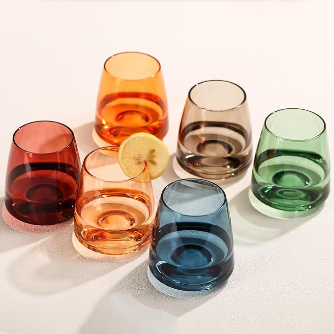 Colored Stemless Wine Glasses Set of 6-15 oz Hand-Blown Crystal Colored Glassware, Multicolor Glassware for Lovers, Wedding, Birthday, Christmas, Housewarming Gifts for Women