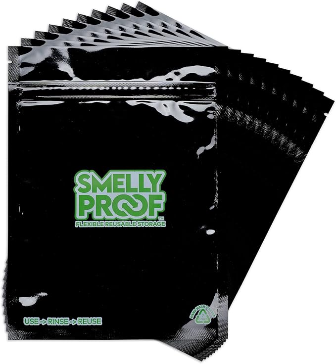 Smelly Proof Reusable Food Storage Container Bags Bundle - USA-Made, NO PEVA & BPA FREE, Easy Clean Dishwasher-Safe Freezer Bags, NO SMELL Triple Zip BLACK 4 mils FLAT, Pack of 25