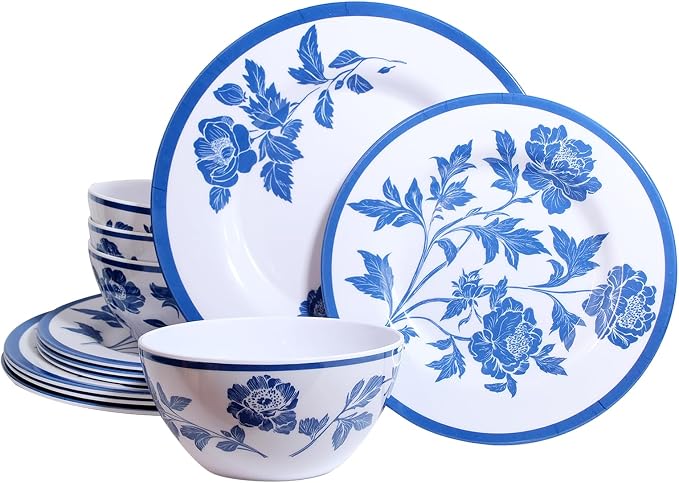 Melamine Dinnerware Set 12-Piece for 4 Dish Set Plates Bowls Unbreakable Dishware for Indoor Outdoor Use Lightweight Durable for Camping Picnics Parties light blue