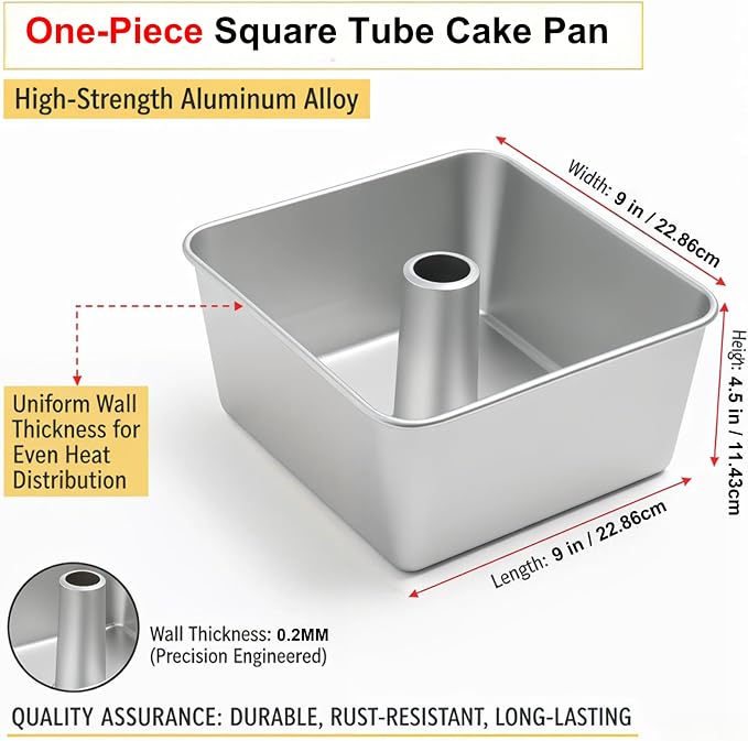 18 Cup One-Piece Square Tube Cake Pan - Anodized Aluminum 9x9x4.5 In, Seamless, Easy Release & Even Heating for Chiffon, Angel Food, Sponge and Pound Cakes