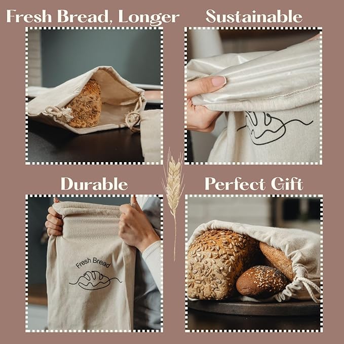 3-Pack Linen Bread Bags for Homemade Bread – Reusable Bread Storage Bags with Inner Lining – 12"x15" Sourdough Bread Bags – Eco-Friendly Baking Supplies & Gifts for Home Bakers by Simply H&K