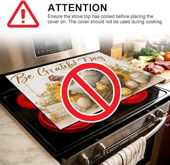 Stove Top Cover for Electric Stove 28.4 x 20.5 Inch Non Slip Stove Mat Oil Proof Grateful Hen Sunflower Glass Cooktop Protector Kitchen Mat
