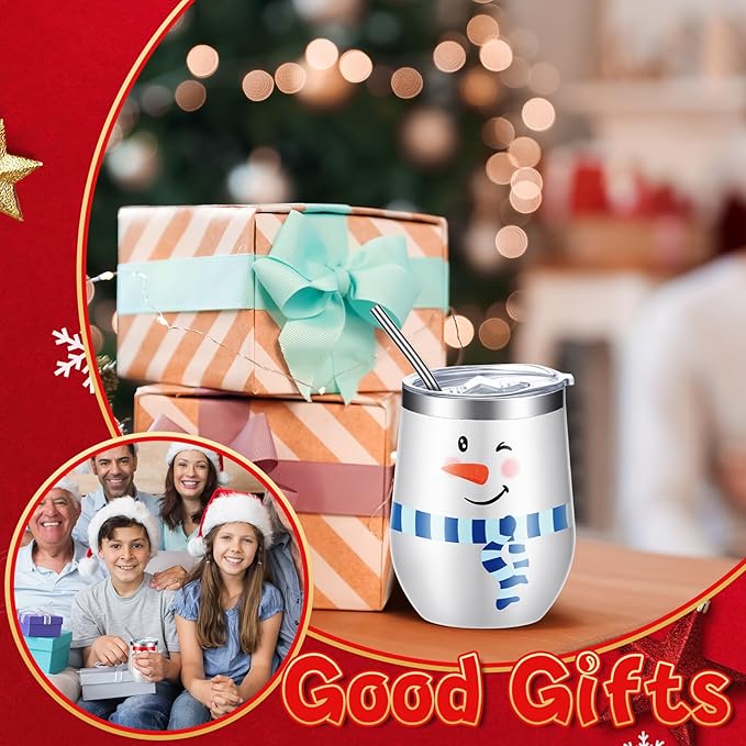 Ziliny 6 Pieces Christmas Wine Tumbler 12 oz Xmas Insulated Stainless Steel Wine Cups with Lid and Straw Funny Coffee Mugs with Brush for Holiday Wedding Party Gifts(Vintage Style)
