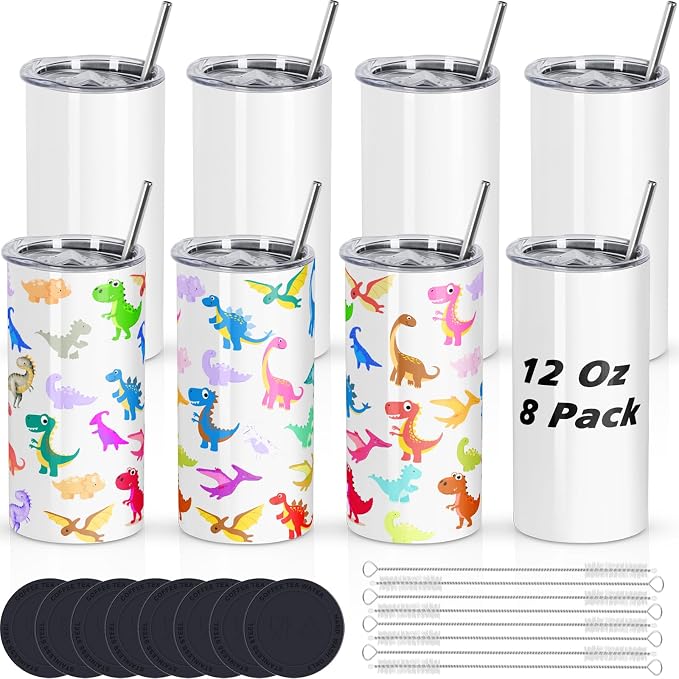 Draheri 12 Oz Sublimation Tumblers Blanks Bulk, Sublimation Cups for Kid with Straw and Brush, Stainless Steel Double Wall Insulated Mugs, Individually Boxed (8 Pack)