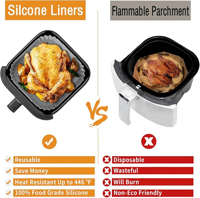 2PCS Silicone Air Fryer Liners and 200Pcs 8inch Air Fryer Liners Disposable for 5-8QT Air Fryer