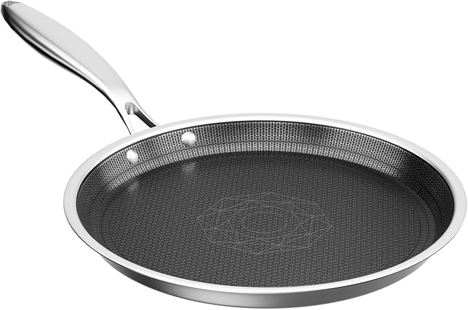 COOKER KING 11" Round Griddle Pan, 3-Ply Hybrid Stainless Steel Crepe Pan with Stay-Cool Handle, Non Stick & Non Toxic for Pancake, Eggs, All Stovetop & Induction Compatible, Oven & Dishwasher Safe