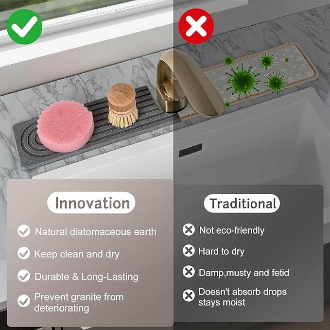 Fast Drying Stone Faucet Mat for Kitchen Sink, Diatomite Water Absorbing Stone Tray for Sink to Prevent Pooling, U-Shaped Stone Faucet Mat Fits Kitchens and Bathrooms