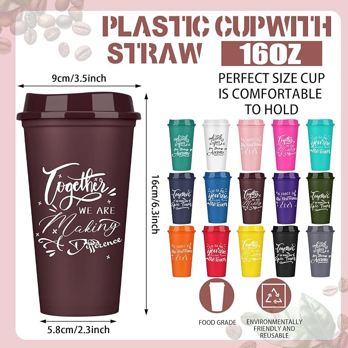 Pickmesh 15 Pcs Employee Appreciation Gifts Bulk 16 oz Plastic Tumblers with Lids Graduation Teacher Appreciation Gifts Reusable Coffee Cups for Staff Volunteer Coworker Team (Colorful)
