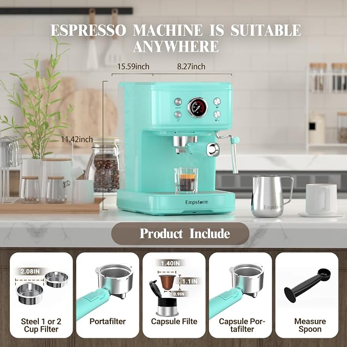 Empstorm EM-04E 20Bar Espresso Machine with Milk Frother Steam 1100W TBlue | 2 IN 1Wand Compatible NS Original Capsules Professional Latte Coffee Makers Cappuccino Machine for Home Brewing