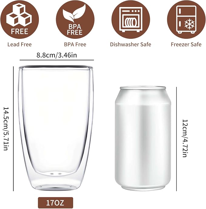 DOPUDO 17oz Double Wall Glass Coffee Mugs Set of 48, Insulated Coffee Mug, Clear Borosilicate Glass Coffee Cups for Cappuccino, Tea, Lightweight and Microwave Safe