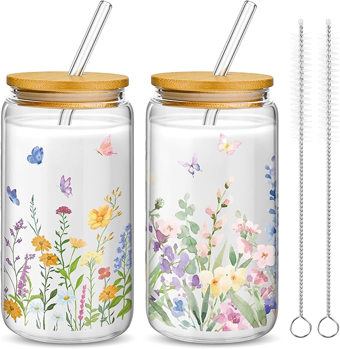 Mumufy 2 Pack Wildflower Glass Cups Gift Aesthetic Cute Glass Cup Tumbler Flower Iced Coffee Mugs 16 oz with Bamboo Lid & Straw, for Wedding Birthday Bridesmaid Mom Baby Shower