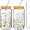 Mumufy 2 Pack Wildflower Glass Cups Gift Aesthetic Cute Glass Cup Tumbler Flower Iced Coffee Mugs 16 oz with Bamboo Lid & Straw, for Wedding Birthday Bridesmaid Mom Baby Shower