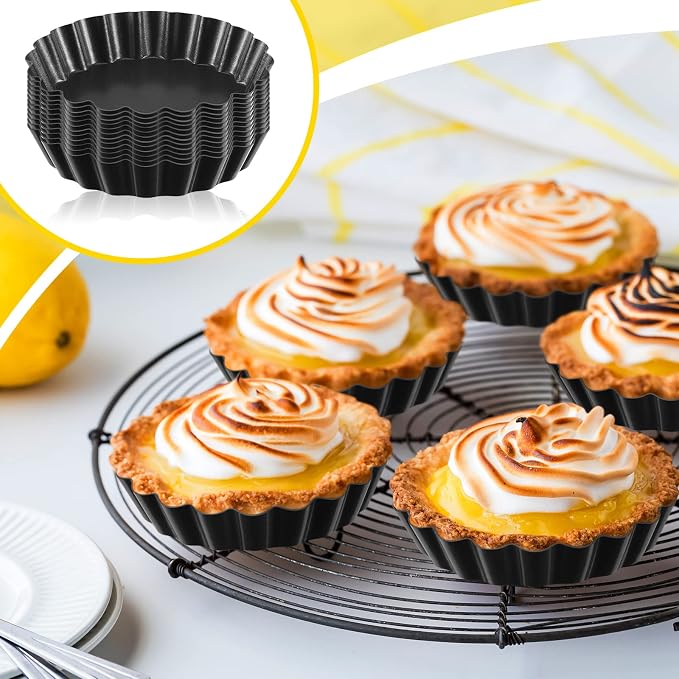 Tessco for you 16 Pcs Mini Tart Pans for Baking, 3 Inch Quiche Pans with Removable Bottom, Nonstick Egg Tartlets Molds Fluted Side Bakeware for Pie Fruit Tart Cheesecake Dessert (Black Gray Round)