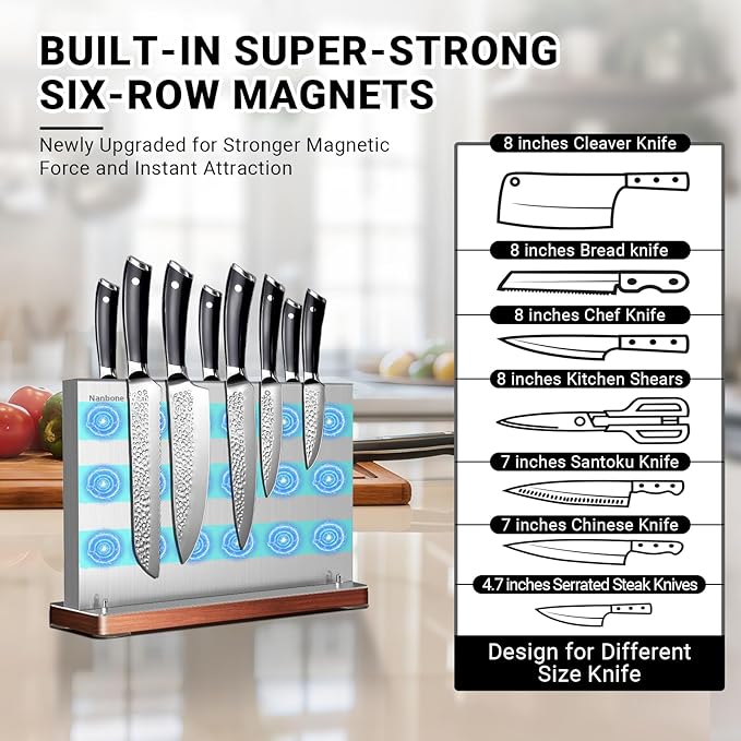 Magnetic Knife Block Stand Without Knives Double Sided Magnetic Knife Holder Rack for Kitchen Counter Stainless Steel Knife Magnetic Strip Display Stand Storage Organizer with Wood Base