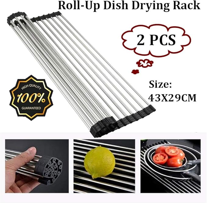 Foldable Roll Up Dish Drying Rack Drain Board Colander Mat and Dry Dishes Over The Sink Multipurpose Silicone Stainless Steel Dishes Drainer - 2pcs