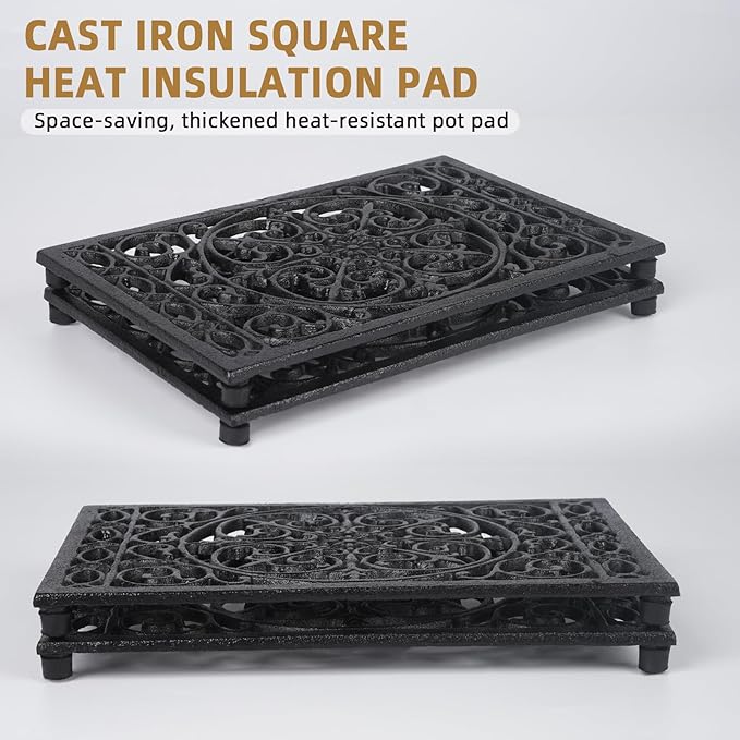 Notakia 9.6 x 6.3 Inch Cast Iron Trivet Set, Large Metal Trivets for Hot Dishes Pots Pans Decorative Kitchen Trivets, Heat-Resistant Trivet Mats for Quartz Countertops, Table Cooktop (Black, 2 Pack)