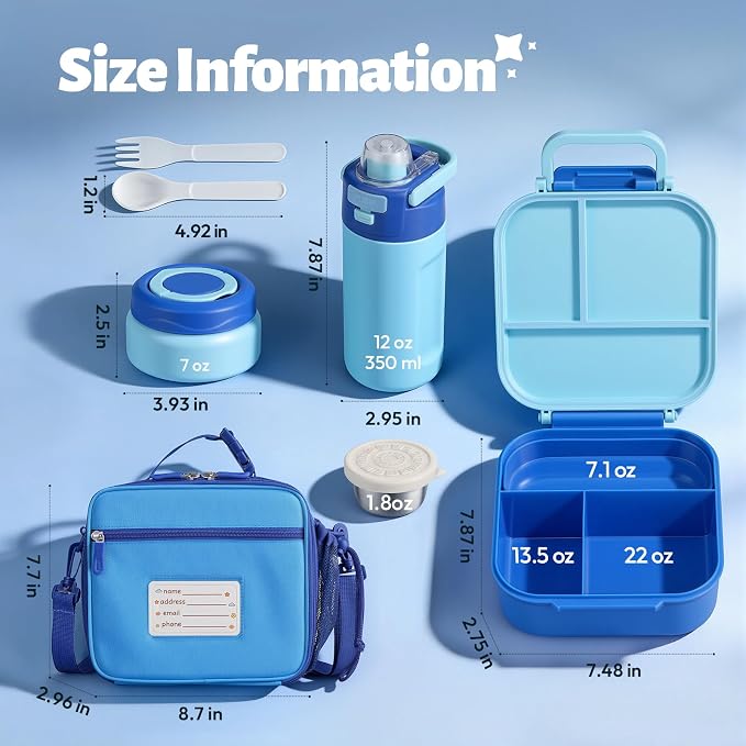 Itslife Bento Box for Kids Set, Insulated Food Container,Kids Lunch Box, 7 oz Thermos for Hot Food, 12 oz Thermos Water Bottle, Reusable Insulated Ice Bag & Fork Spoon Utensils Camping Travel Blue