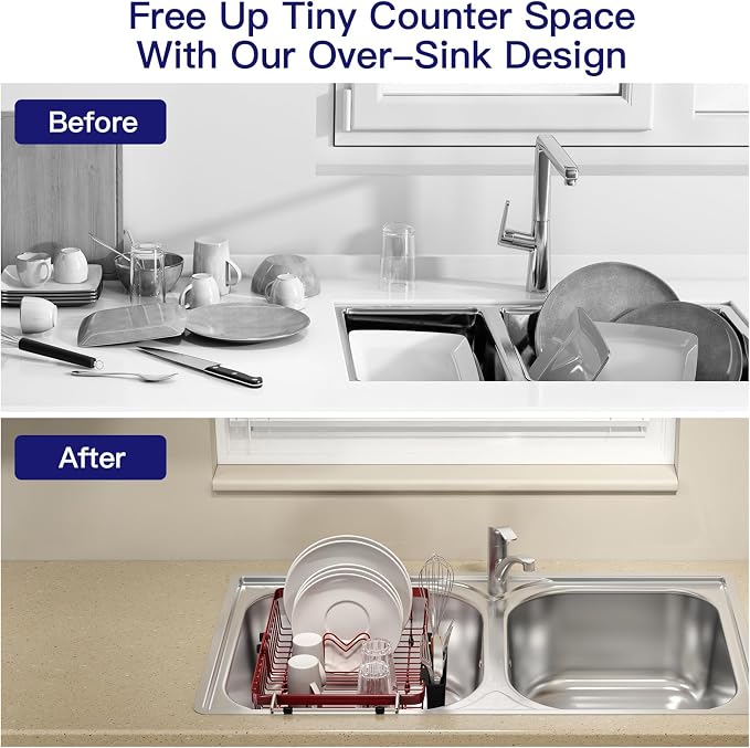 MAJALiS Red Dish Drying Rack Over The Sink with Utensil Holder | Expandable Stainless Steel Dish Drainer for Small Kitchen, Apartment, RV, Counter Space Saving, Perfect Fit, Rustproof