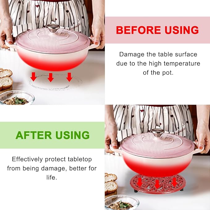 Sumnacon Cast Iron Trivet 2 Pcs 6.7 Inch Iron Trivet for Hot Dish Pot Pan Plate Teapot,Heat Resistant Cast Iron Trivets with Rubber Feets for Kitchen Dining Table Cooktop Stove,Retro Red