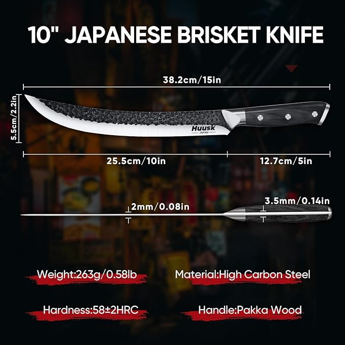Huusk Butcher Knife for Meat Cutting, 10 Inch Curved Carving Knives with Wood Handle, Japanese Brisket Slicing Knives for BBQ, Turkey, Ideal Grilling Gift for Men and Women