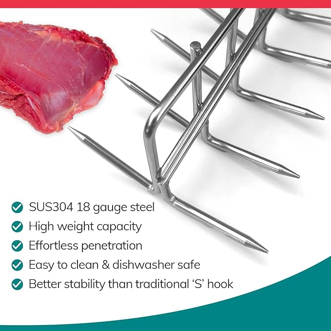 The Sausage Maker® Bacon Hanger 12-Prong Meat Hooks SUS304 Stainless Steel, Heavy Duty Butcher’s Hook Accessories for Meat Smoking, Processing, Drying, Grilling, BBQ, 12.5” W x 5.8” H