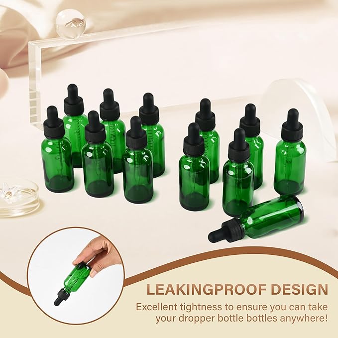 NOOEEISS 12 Pcs, 1oz Dropper Bottle, Green Glass Eye Dropper Bottle,Tincture Bottles with Dropper, Leak-Proof Design, Stronger Suction, for All Kinds of Mixed Liquids