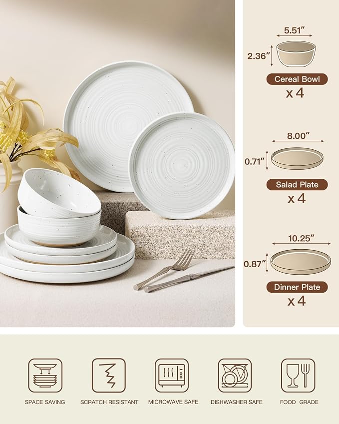 12-Piece Stoneware Dinnerware Sets, Service for 4 - Speckled Glaze with Spiral Design – Farmhouse Coupe Plates and Bowls - Chip & Scratch Resistant, Microwave & Dishwasher Safe, White