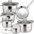 Daniks Standard 11-Piece Stainless Steel Cookware Set with Glass Lids, Includes Saucepan with Lid and Frying Pan, Tri-Ply Bases for Even Heating, Induction Compatible, Dishwasher Safe, Silver