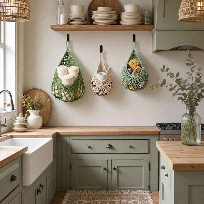 Honeydak Boho Decor Hanging Wall Baskets for Kitchen 3 Pack Teardrop Baskets with Hooks Storage Fruit Onion Vegetable Potato for Home 3 Sizes(Spring Color,Crochet,Cotton Rope)