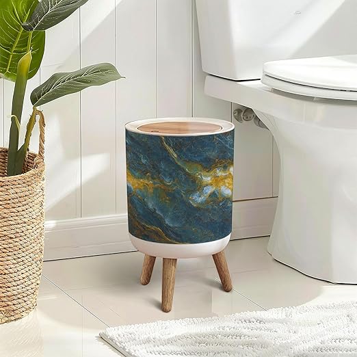 Trash Can with Lid Luxurious Dark green Marble texture Golden veins Natural Luxury Style Press Top Round Small Garbage Bin with Wooden Legs Waste Basket for Kitchen Bedroom Nursery 7L/1.8 Gallon