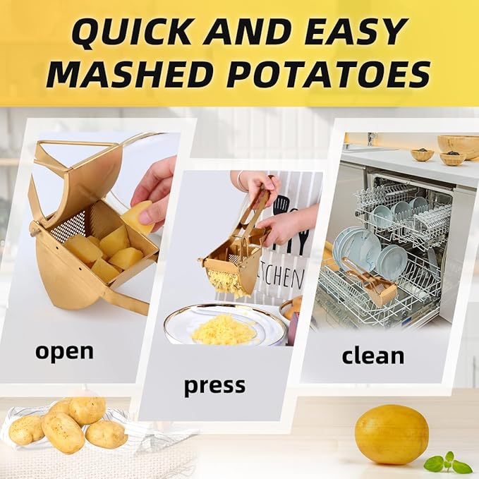 QRU Large Potato Ricer, Heavy Duty Stainless Steel Potato Masher for Commercial and Home Use, Fruit Press Baby Food Masher (Gold)
