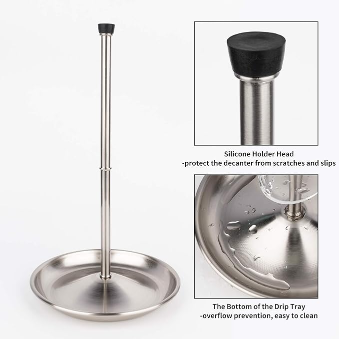 Wine Decanter Drying Stand with Silicone Head to Prevent Scratches-Detachable Shelf Decanter Rack Holder with Drip Catching Base with Wine Bottle Stopper, Decanter and Wine Glass NOT Included