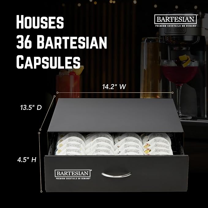 Bartesian Carbon Steel Cocktail Capsule Drawer - Black Storage Organizer Holds Up to 36 Bartesian Capsules - Space Saving Under Cocktail Machine Design for Home Bar & Countertop Organization