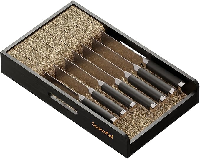 SpaceAid Knife Drawer Organizer 9 inches Wide Bamboo Insert Dock, Kitchen Steak Knives Holder Organizers Block for Drawer in Storage Organization (Medium, Black)