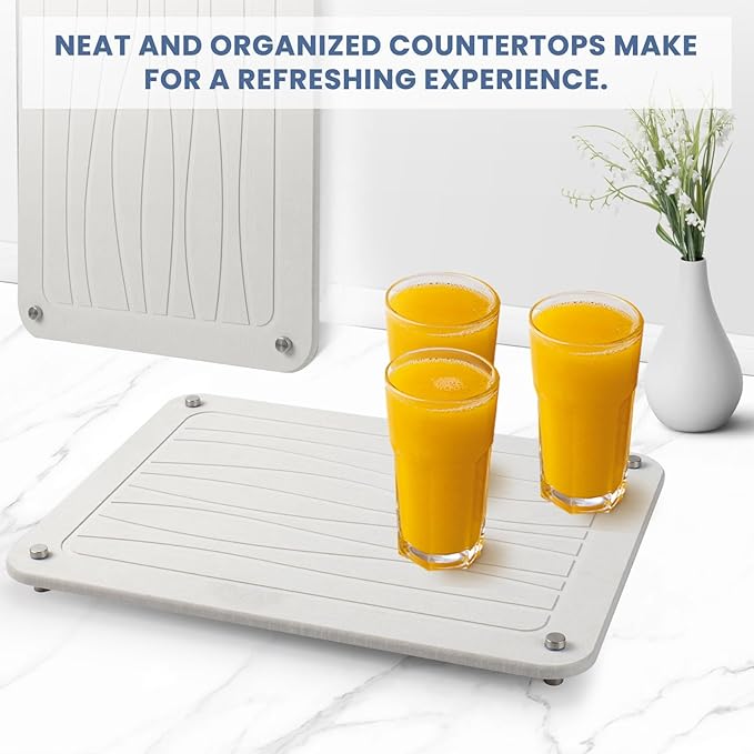 Stone Dish Drying Mats for Kitchen Counter 15.7"x 11.8" Quick Dry Stone Drying Mat Super Absorbent Diatomaceous Earth Drying Mat with 4 Non-Slip Stainless Steel Feet for Dishes&Cups Grayish White