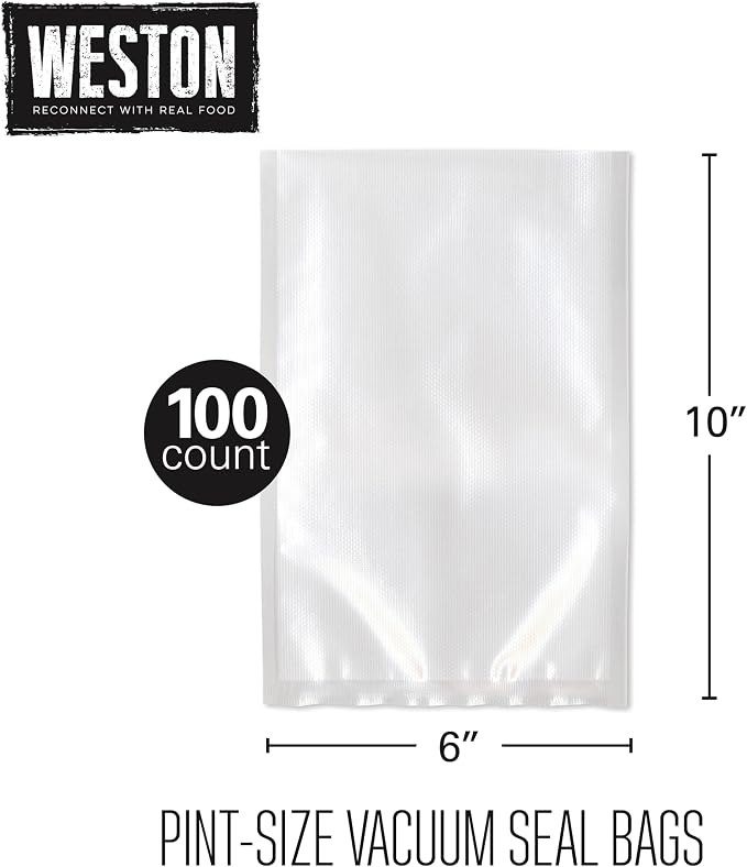 Weston 6" x 10" Pint Vacuum Sealer Bags For Meal Prep & Sous Vide | 2 Ply 3mm Thick | Compatible With NutriFresh & FoodSaver | BPA Free | 100 Count | Clear
