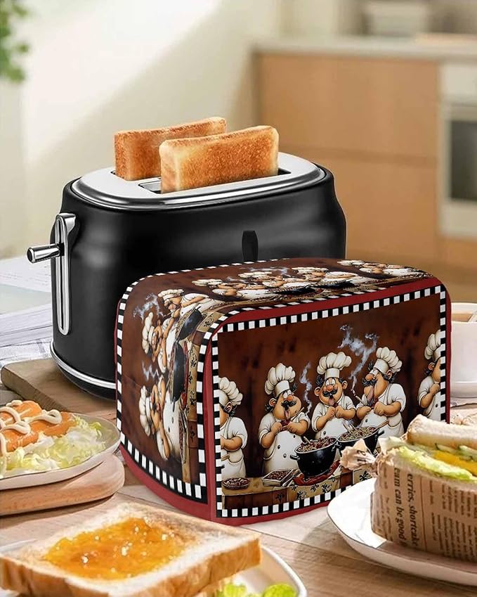 Kitchen Fat Chef Toaster Cover 2 Slice, Vintage Cook Gourmet Dustproof Bakeware Oven Protector with Top Hook, Red Black Plaid Waterproof Small Kitchen Appliance Toasters Dust Cover, 11"x6"x8"