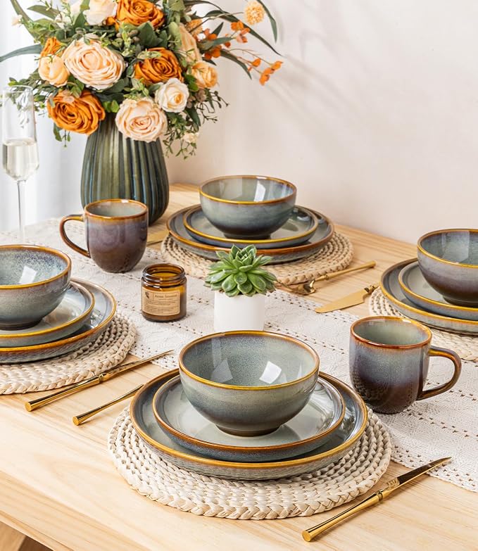 TheTerra Stoneware Dinnerware Sets for 4, 12 Pieces Ceramic Plates and Bowls Sets, Scratch Resistant Dish Set, Oven, Microwave & Dishwasher Safe, Dusk Blue