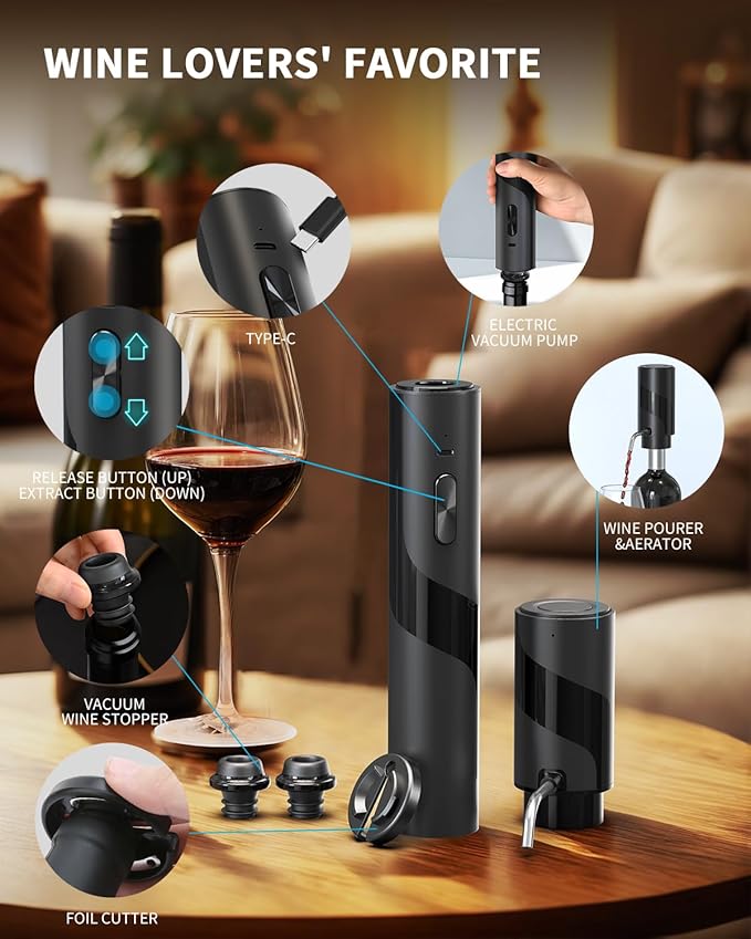 CIRCLE JOY Electric Wine Bottle Opener Set Rechargeable 7-in-1 Wine Set with Foil Cutter, Electric Wine Opener, Electric 2in-1 Wine Aerator & Pourer, Electric Vacuum Pump and 2 Wine Stoppers, Black