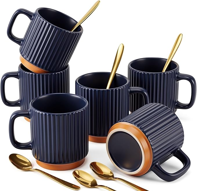 6 Set Ceramic Coffee Mugs with Gold Spoons, 8.8 oz Textured Ribbed Coffee Cups for Latte & Cappuccino, Modern Farmhouse Tea Mugs with Handle, Dishwasher & Microwave Safe(Dark Blue)
