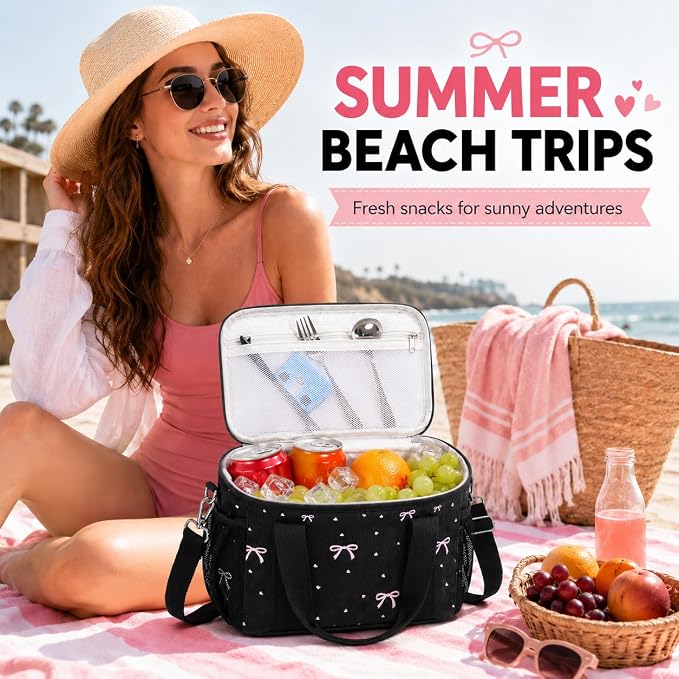 BTOOP Insulated Lunch Box for Women, Cute Corduroy Lunch Bag with Shoulder Strap, Leakproof Wide-Open Lunch Tote for Work, Office, School, Picnic, Pink Bow-Black