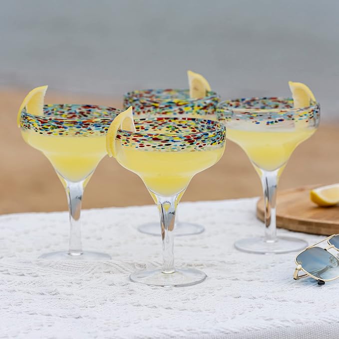 Margarita Glasses – Set of 4 - Luxury Hand Blown Confetti Margaritas, Cocktails, Water, Wine, Dessert, Martini & Champagne Cinco de Mayo, Hand Blown - Mexican Confetti Design Glass, Party, Home & Bar