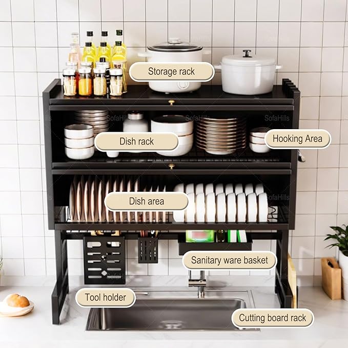 Over Sink Dish Drying Rack 2 Tier Stainless Steel Dish Drainer with Cover and Utensil Holders Large Capacity Space Saving Kitchen Organizer
